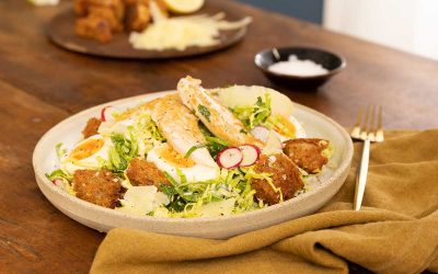 Chicken Caesar Salad with Kale, Brussel Sprouts and Smokey Rye Croutons