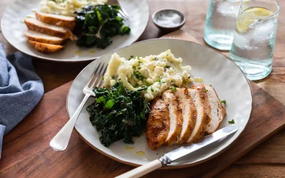 Air Fryer Chicken Breasts with Feta and Chive Mash and Winter Greens