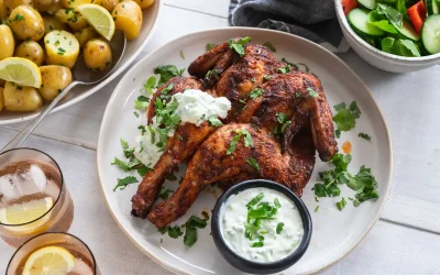 Tandoori BBQ Butterflied Chicken with Garlic Yoghurt and Baby Potatoes