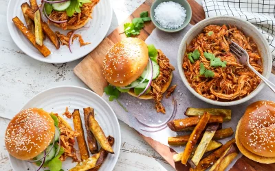 Pulled Chicken Burgers with Kumara Chips